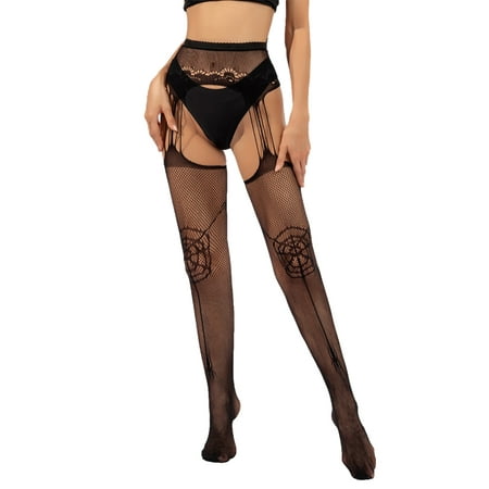 

Lookwoild Women Sexy Pantyhose Stockings Sheer Mesh Lace Trim Hollow Out Thigh High Hold Up Fashion Fishnet Garter Belt Stockings