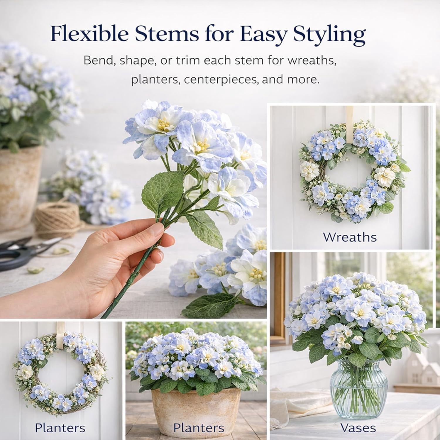 Spring Porch Refresh Hydrangea, Artificial Hydrangea Stems, Realistic Faux Flowers, UV Resistant Outdoor Floral Decor for Porch, Garden, Home and Corridor