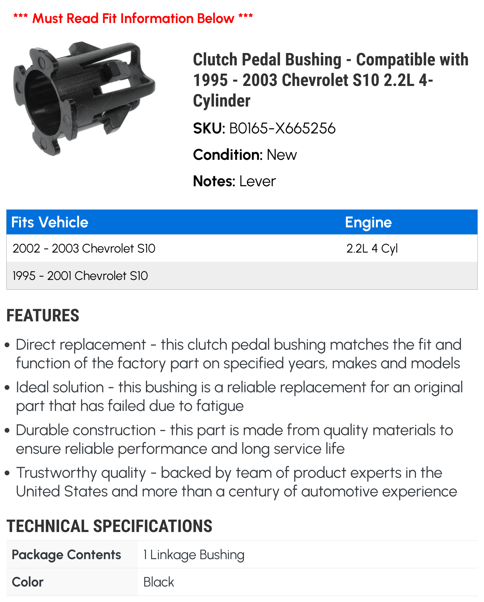 Clutch Pedal Bushing - Compatible with 1995 - 2003 Chevy S10
