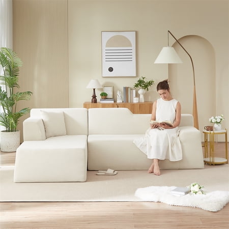 96" Sectional Couch Sofa with Chaise, L-Shaped Bonless Corduroy Couch for Living Room , Left Hand Facing, Beige