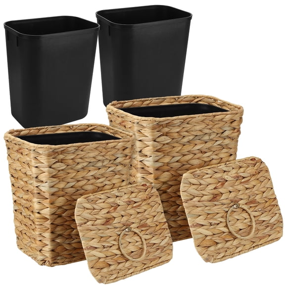 Topekada 2 Pack Handmade Wicker Trash Cans with Removable Lids and Black Liner, 3.7 and 5.5 Gallons, Large Woven Garbage Waste Baskets with Stainless Steel Frames for Kitchen Bathroom Bedroom