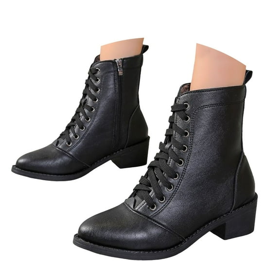 Oyedens Women's Mid Calf Combat Boots Vintage Black Leather Pointy Toe Riding Short Ankle Booties
