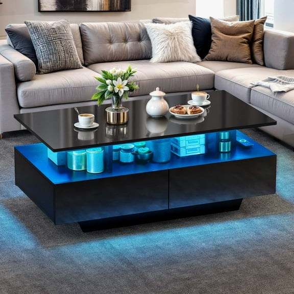 Wooflex Modern Black LED Coffee Table with Open Storage, 2-Tier High Gloss Center Table for Living Room or Home Office