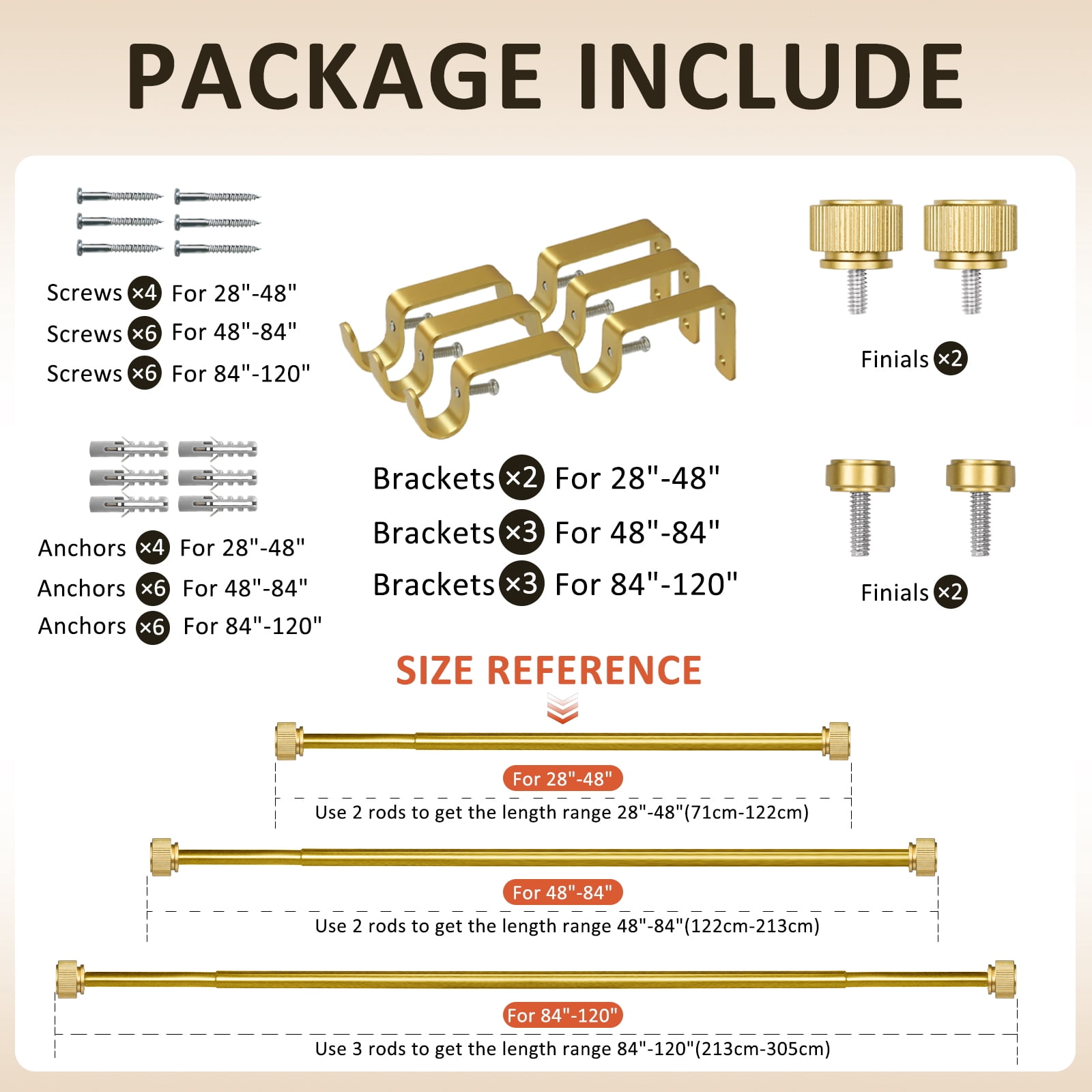 Ridicili 5/8 Inch Adjustable Double Drapery Curtain Rod Set with Vertical Cylinder Finials, 5/8 Inch Front and 1/2 Inch Back Double Window Drapery Rod, 28"-48", Matte Gold