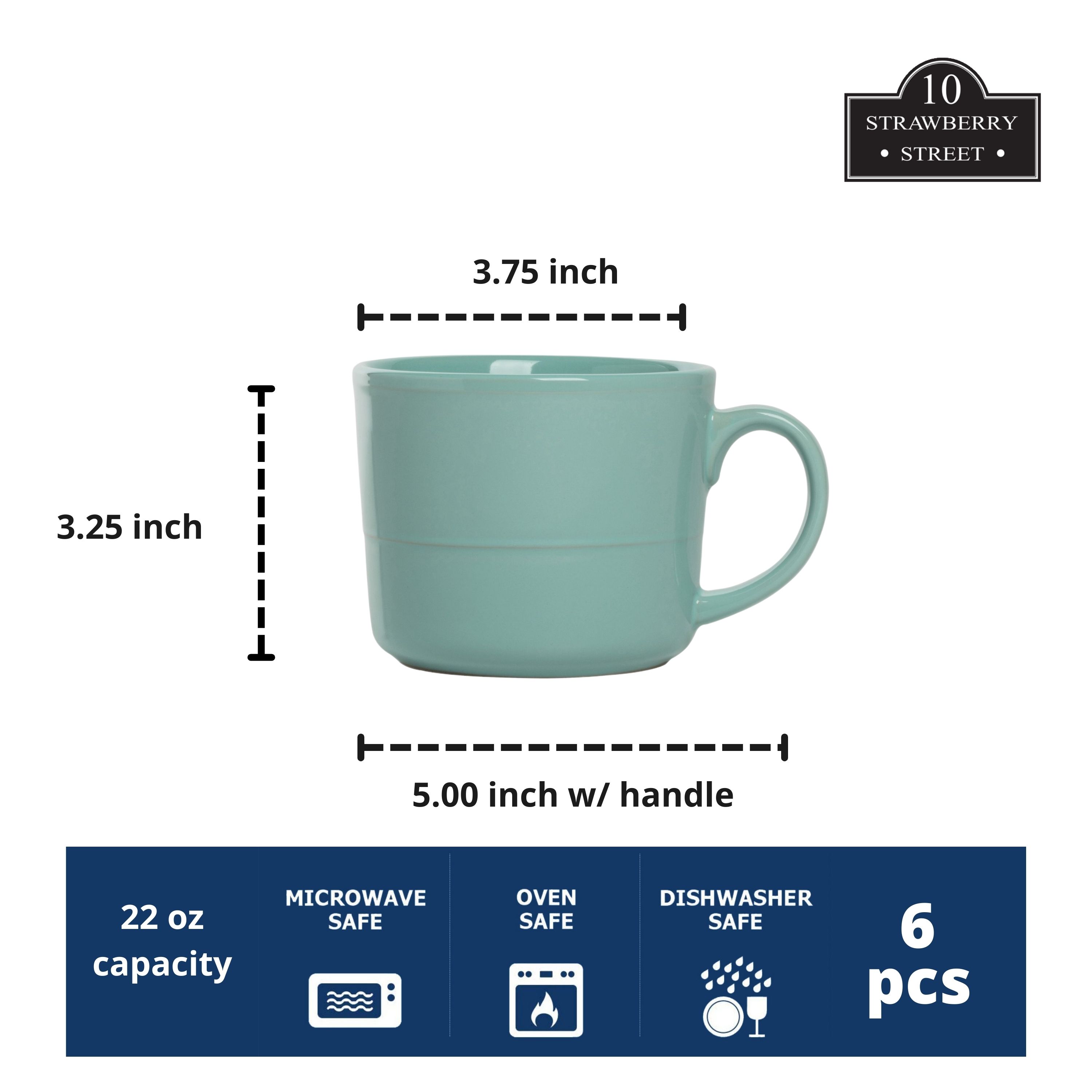10 Strawberry Street Double Line 3.75"/12 fl oz Stoneware Mug, Set of 6, Seafoam