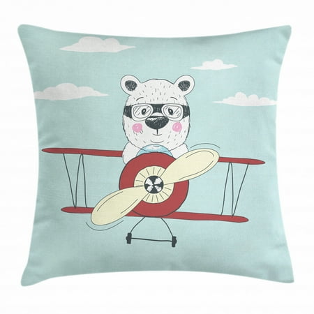 Kids Boys Throw Pillow Cushion Cover Hand Drawn Pilot Bear Flying