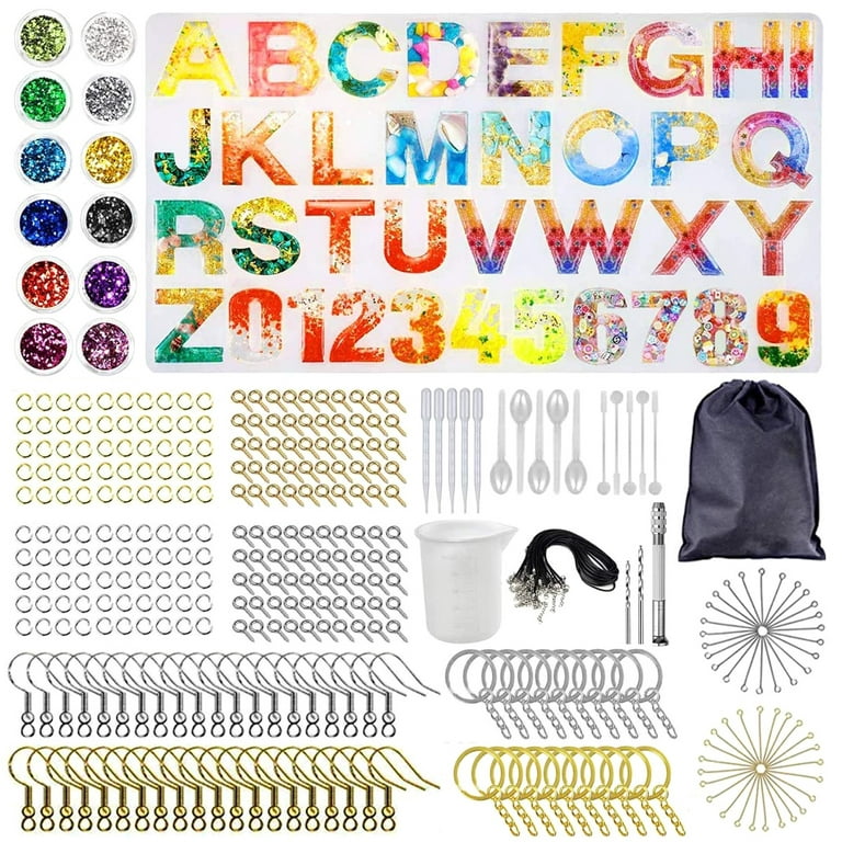Fznkrag 353Pcs Letter Number Silicone Mold Kit Alphabet Resin Casting Molds Backward Number Mold with Glitter Powder Epoxy Tools Metal Accessories for