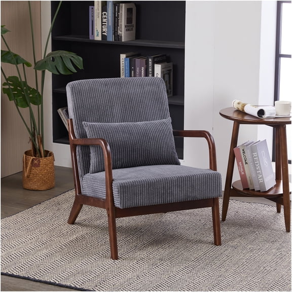 JERFIT Mid-Century Modern Accent Chair with Pillow, Upholstered Armchair for Living Room, Bedroom, Balcony in Antique Dark Grey