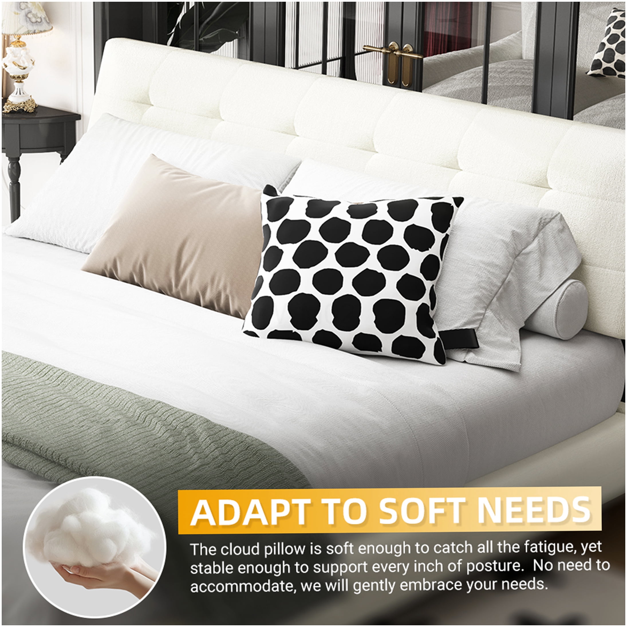 Queen Upholstered Bed Frame with Pillow Tufted Headboard, Platform Bed Base with Wood Slats, No Box Spring Needed, Chenille Fabric, Beige and White