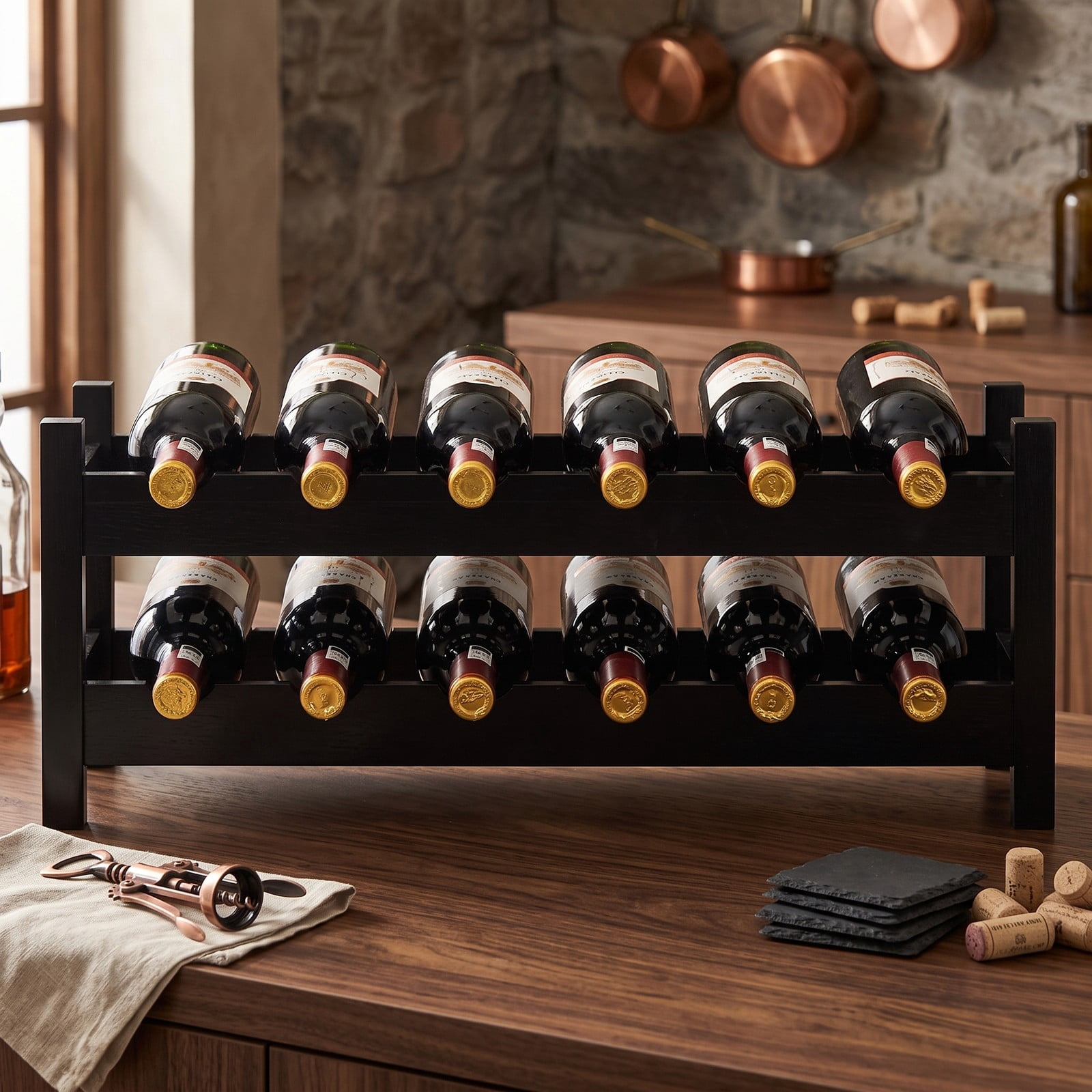 RUIE 2-Tier Bamboo Wine Rack, 12-Bottle Freestanding Countertop Storage Shelf for Kitchen Pantry Bar Wine Cellar, Space-Saving Wooden Bottle Holder Display, Black