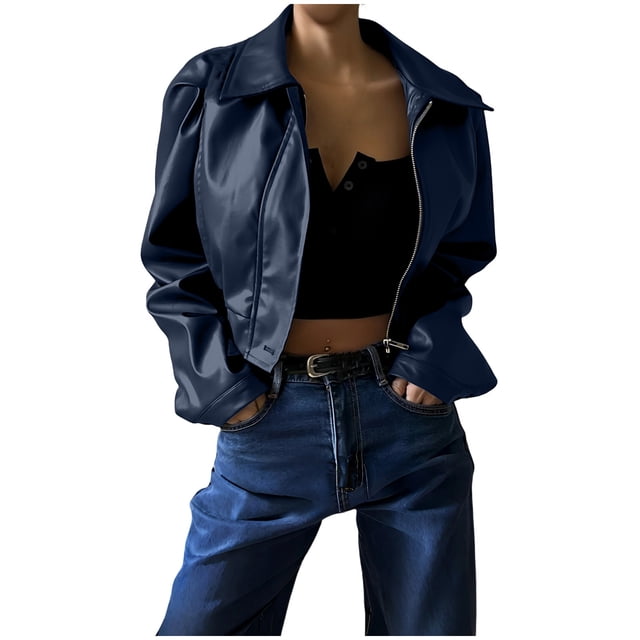 Veste en Cuir pour Femme, Veste Mode Décontractée Unie à Col à Revers avec Fermeture Éclair, Veste pour Dames