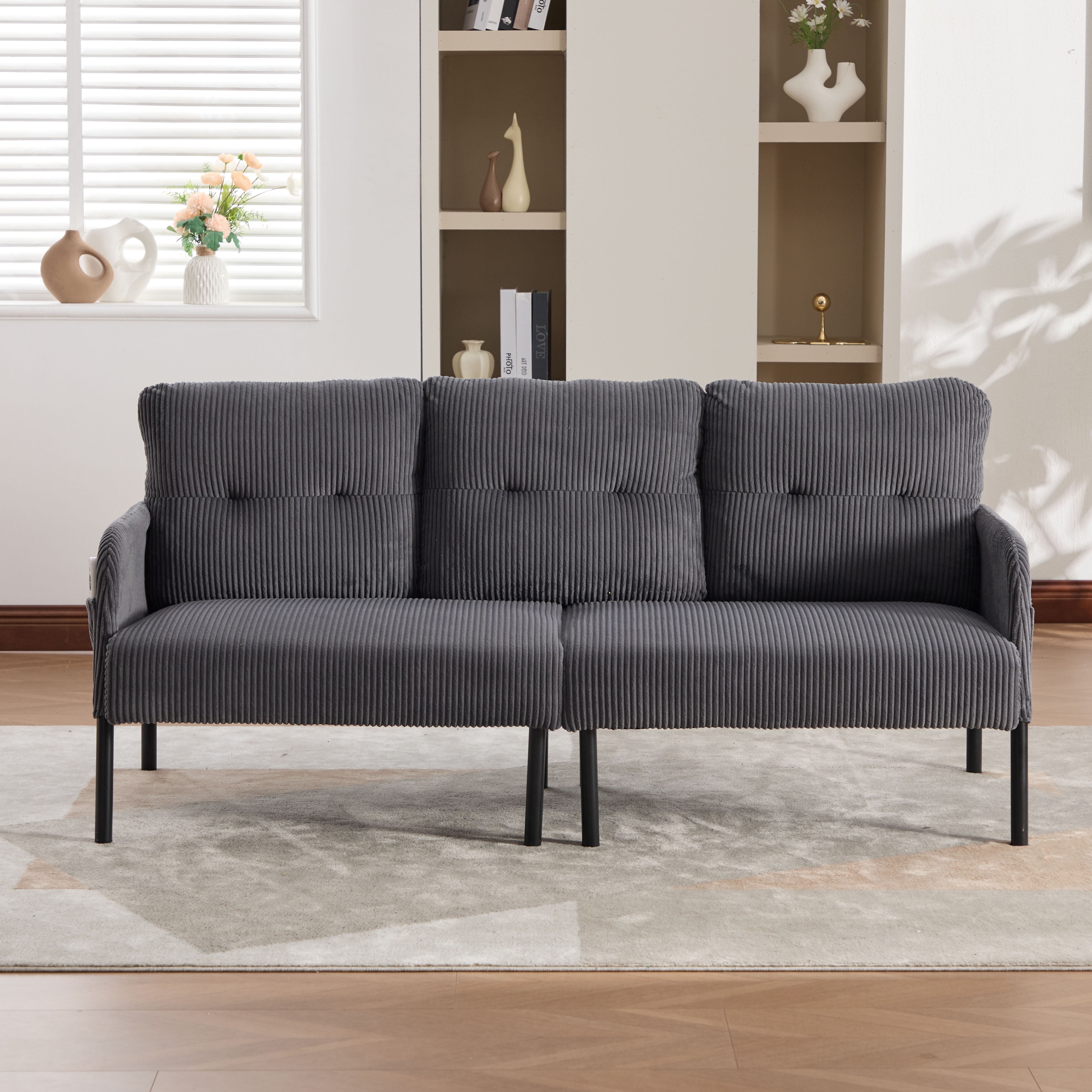 S-HOME Modern Plush Corduroy Upholstered Loveseat with Dual Side Pockets and Metal Legs, Sofa for Apartment, Carbon Gray