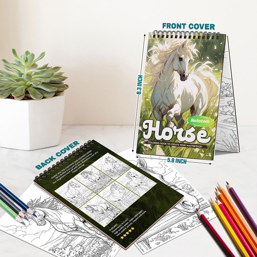 Netecom Horse Coloring Book Spiral Bound For Adults, A5 Wooden Cover, 30 Majestic Coloring Pages of Horses in Nature for Stress Relief and Relaxation