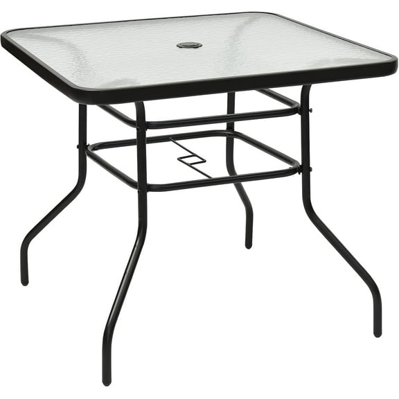S AFSTAR Bistro Table Outdoor, Square Dining Coffee Table with Umbrella Hole & Tempered Glass Tabletop, Outdoor Patio Pub Table for Patio Garden Poolside Balcony Backyard, 32”L x 32”W x 28”H