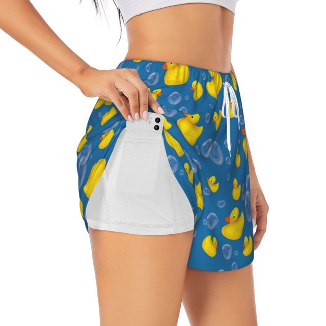Balery Rubber Duck Pantalones cortos deportivos para mujer con forro y dos bolsillos, elásticos, para entrenamiento, gimnasio, yoga-Large