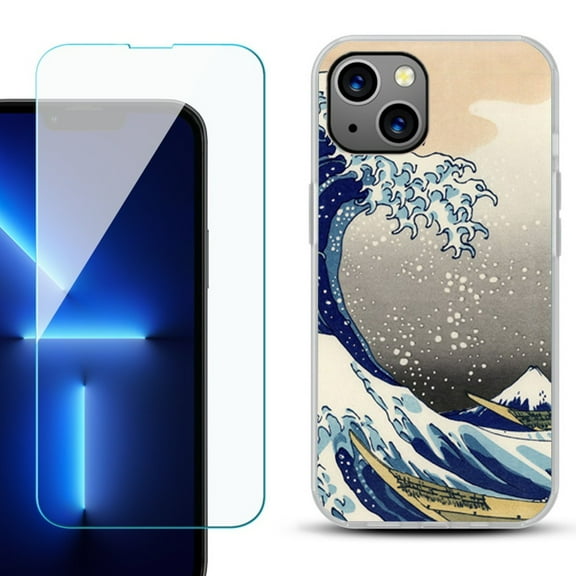 Slim-Fit Gel TPU Phone Case for iPhone 14, with Tempered Glass Screen Protector, by OneToughShield ® - Great Wave