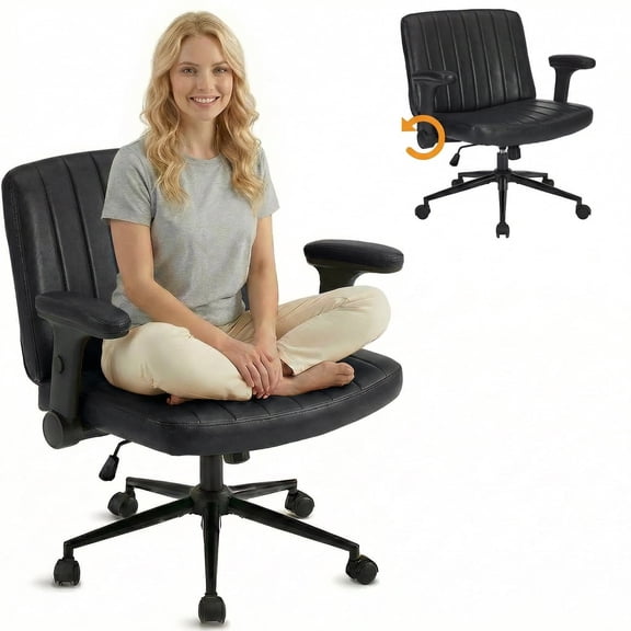 IPKIG Criss Cross Office Chair with Wheels, Adjustable Flip-Up Arms, Wide Seat Ergonomic Swivel Desk Chair for Living Room Home Office Computer Vanity, PU Leather Black