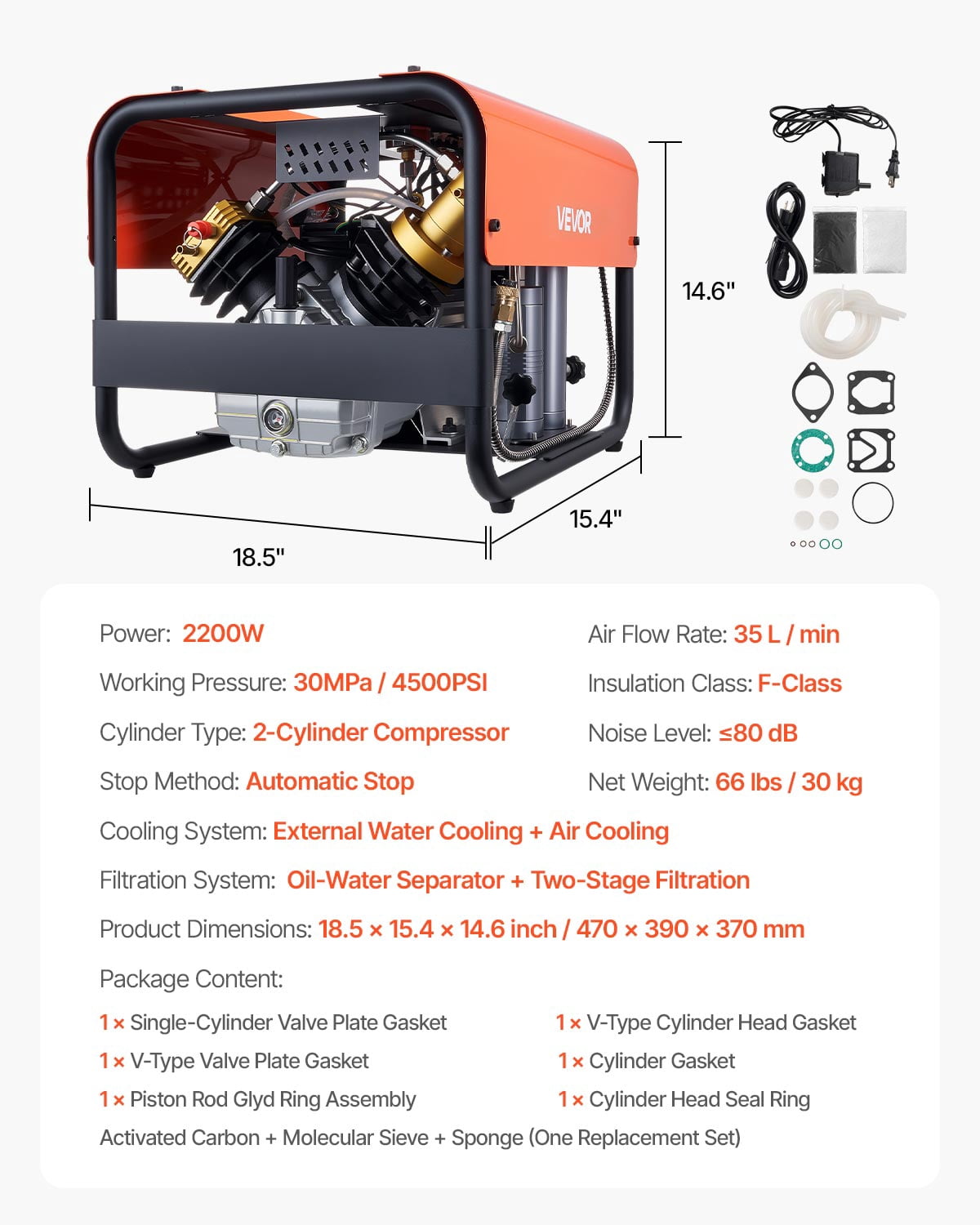 VEVOR PCP Air Compressor,4500PSI/30Mpa Diving Scuba Tank Air Compressor, Double-Cylinder Auto Stop PCP Diving Compressor with External Water & Fan Cooling System for Scuba Tanks,Paintball,Air Rifle