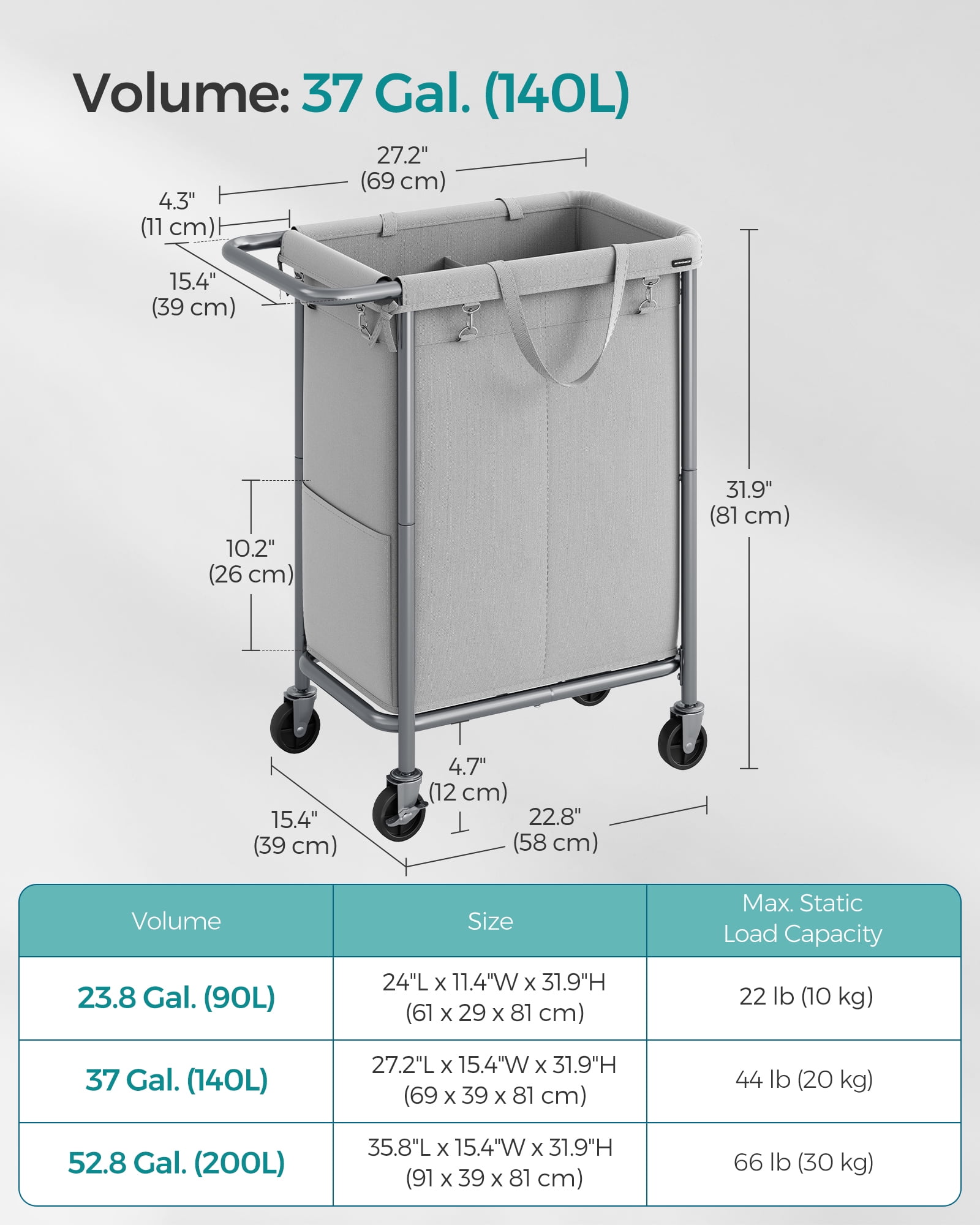 140L Laundry Sorter 2-Section Laundry Basket with Wheels Rolling Laundry Hamper with Removable Liner Dove Grey