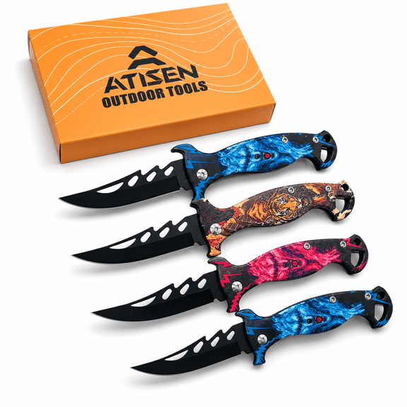 ATISEN 4-Piece 3D Folding Pocket Knife Set, Large Mixed-Color Stainless Steel Knives for Outdoor