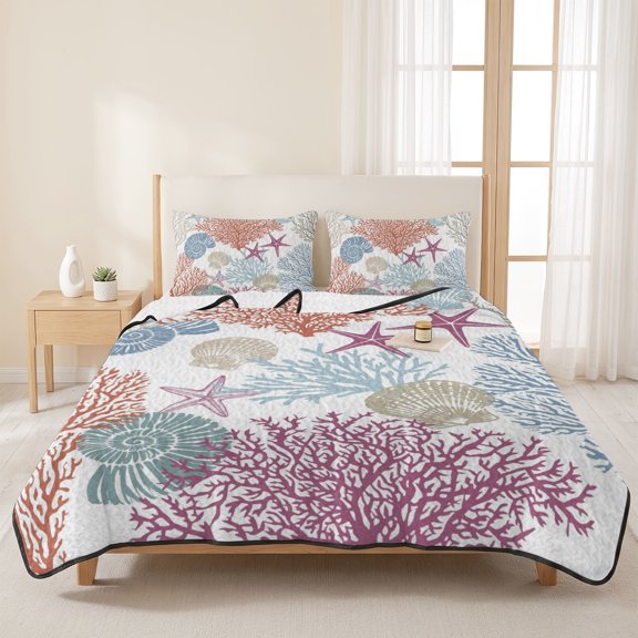 3 Pieces Queen Quilt Set,Ocean Coral Shell Starfish Conch Soft Bedding Sets with 1 Quilt & 2 Pillow Shams,Watercolor Marine Life Summer Bedspread Lightweight Coverlet Comforter