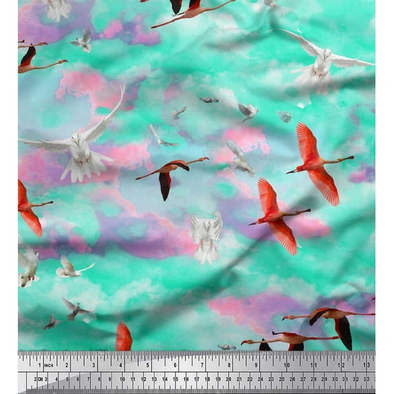 Soimoi Rayon Crepe Fabric Flying Stork & Dove Bird Print Fabric by the Yard 46 Inch Wide