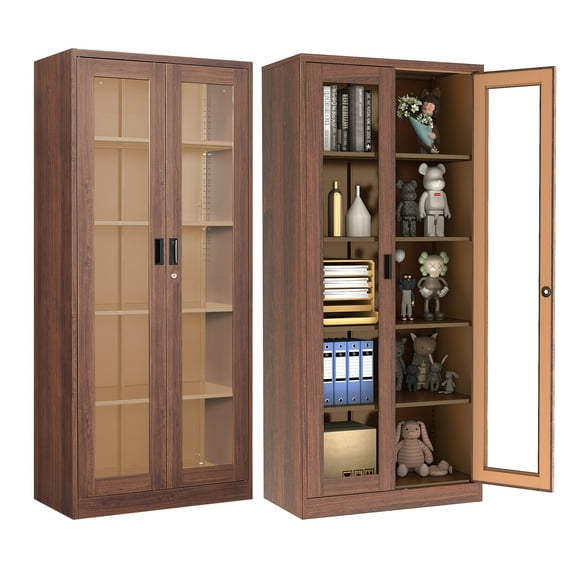 STANI Curio Cabinet Glass Display Cabinet with Glass Door & 4 Adjustable Shelves, 71" Tall Metal Storage Cabinet, Freestanding Bookshelf Bookcase Liquor Cabinet for Home Office Living Room Pantry