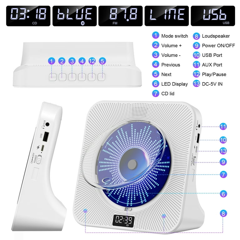 Draagbare Bluetooth CD-speler, Muziek-spelers met luidsprekers USB, AUX In/Uit, Hifi Stereo Bluetooth, FM Radio, Timer, CD-speler in Roze