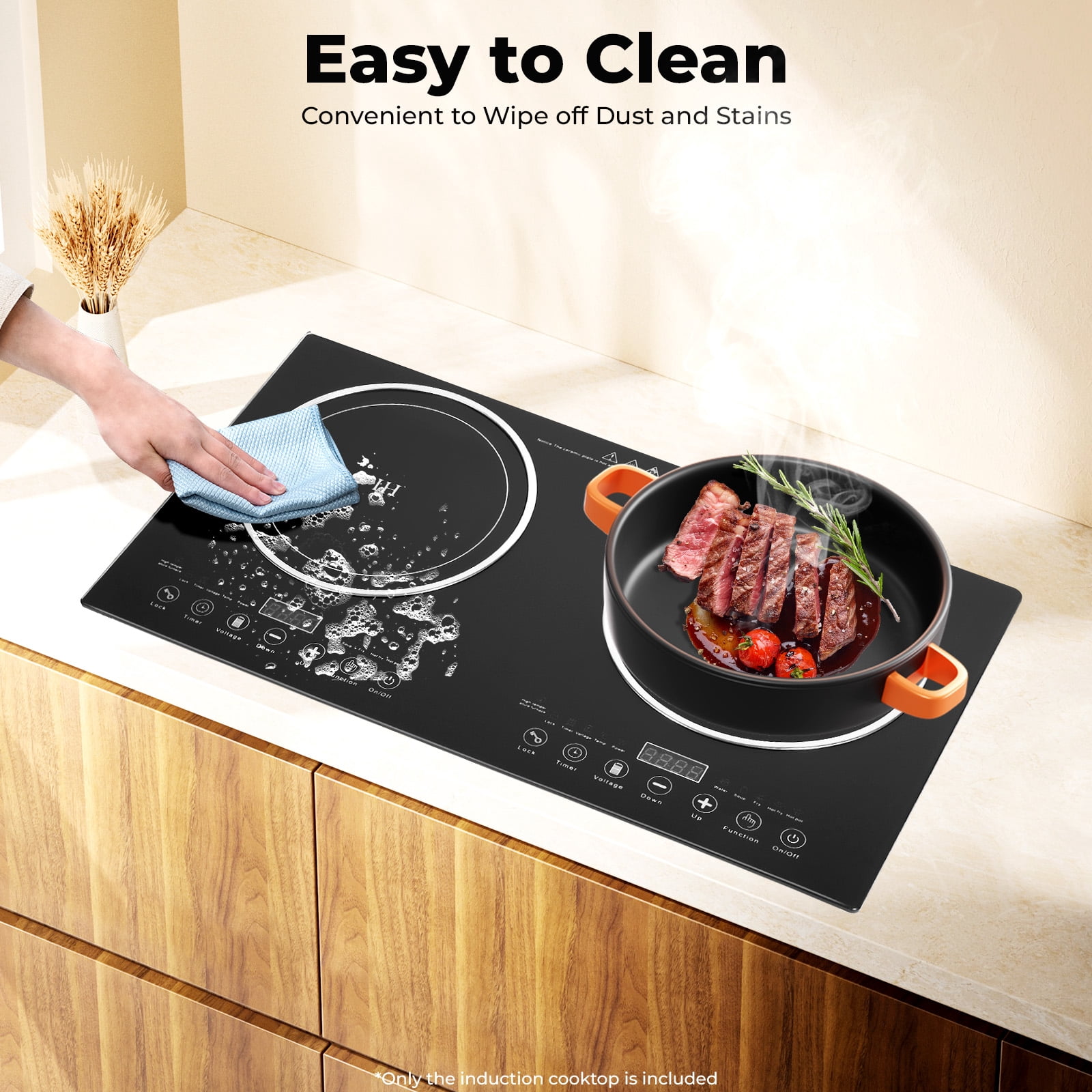 Double Burner 2400W Induction Cooktop with Touch Controls, Black Crystal Panel, 8 Power Levels, Non-Slip Pads, 110V, Easy to Clean & Fast Heat Dissipation