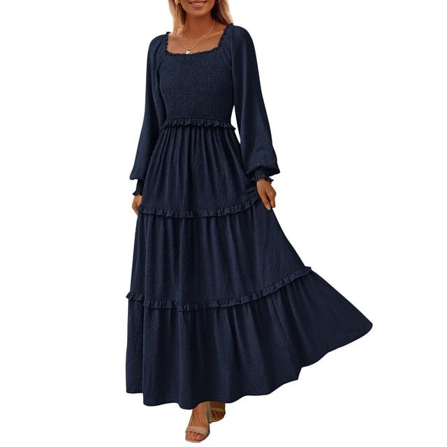Vestido PRETTYGARDEN con fruncido, escote cuadrado y estampado Swiss Dot azul marino M