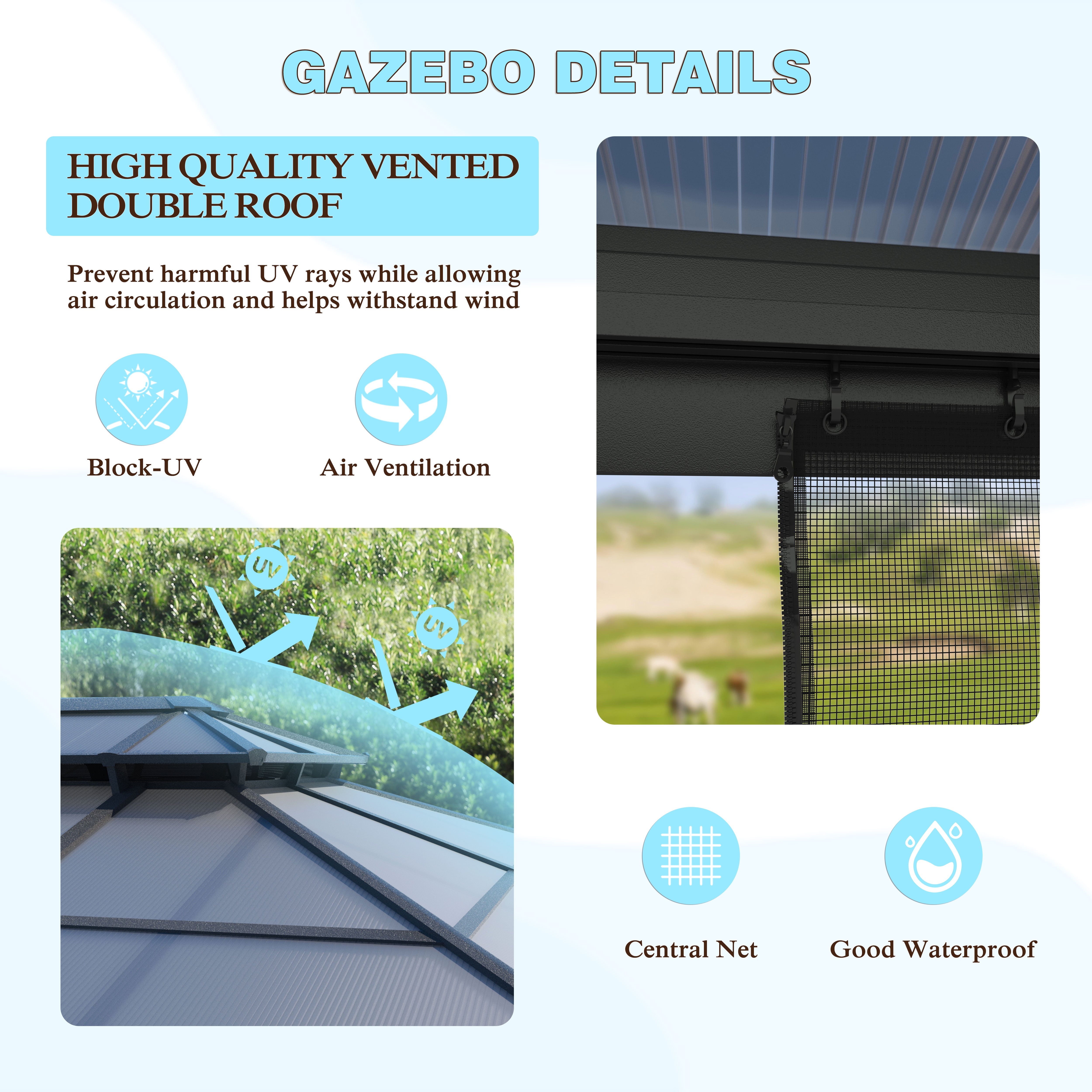 VEIKOUS 10ft x 13ft Outdoor Double Roof Gazebo, Aluminum Frame Permanent Pergola for Garden Patio Lawns Parties