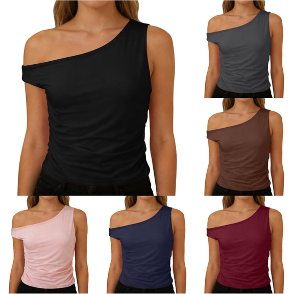 XIAONU Off Shoulder Top for Women Sleeveless Ruched Slim Fit Party Shirts