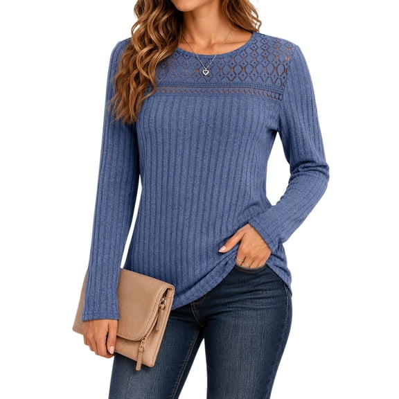 Women's Long Sleeve Ribbed Knit Tops Crew Neck Lace Crochet Casual Tunic Shirts for Fall Daily Work Wear