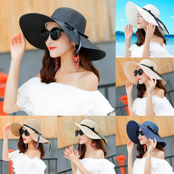 Womens Big Brim Straw Sun Hat Floppy Wide Bowknot Folding Beach Cap