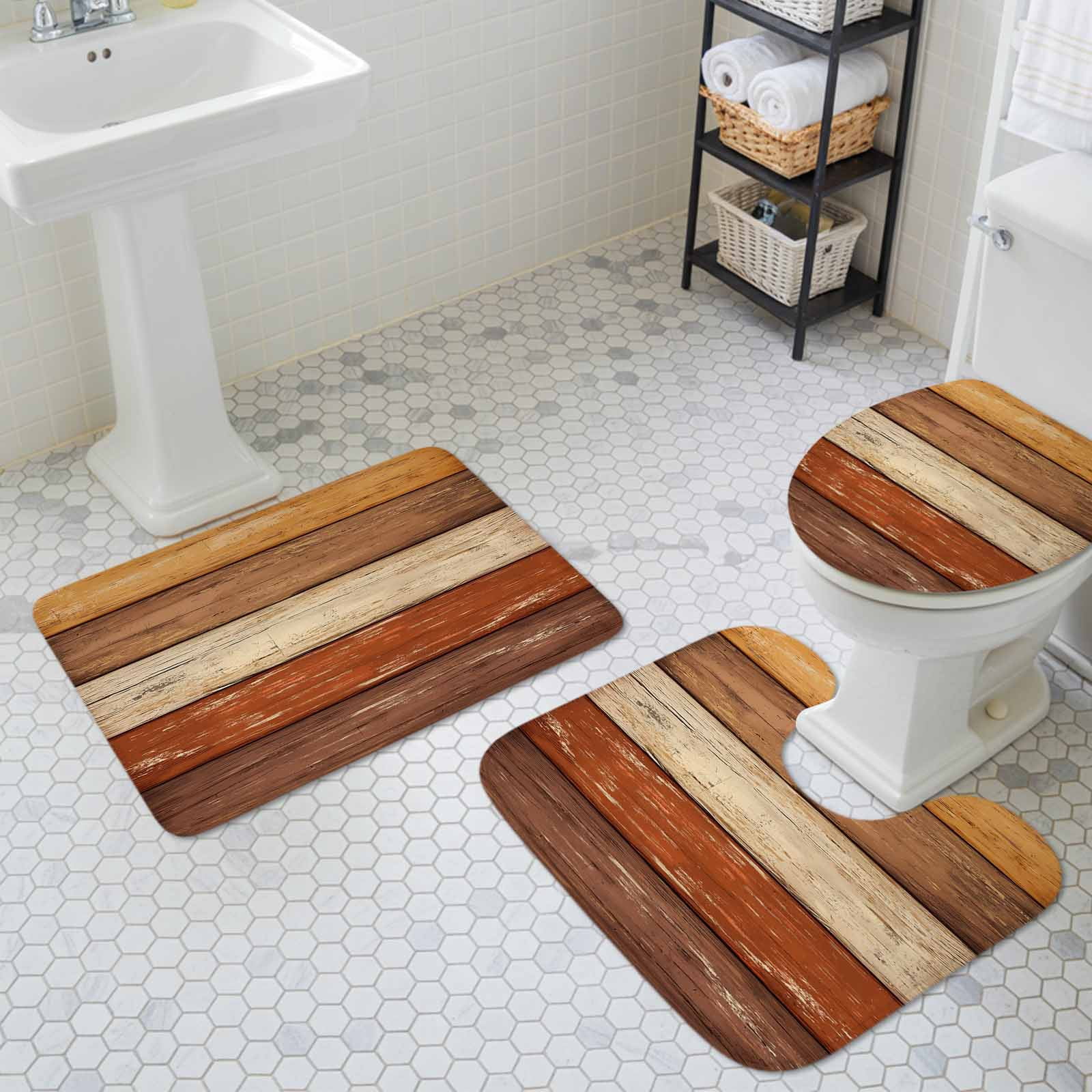 3 Piece Bathroom Rug Set, Orange Brown Wood Grain Non Slip Bath Mat with Contour Toilet Mat and Lid Cover, Vintage Farmhouse Country Style Absorbent Soft Shower Mats for Bathroom