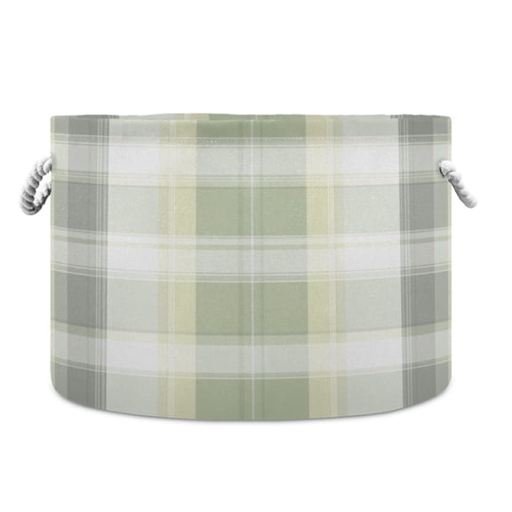 Round Toy Storage Basket Open Home Storage Bins Foldable Baskets for Toys, Laundry & Home Decor Light Gray and Green Plaid