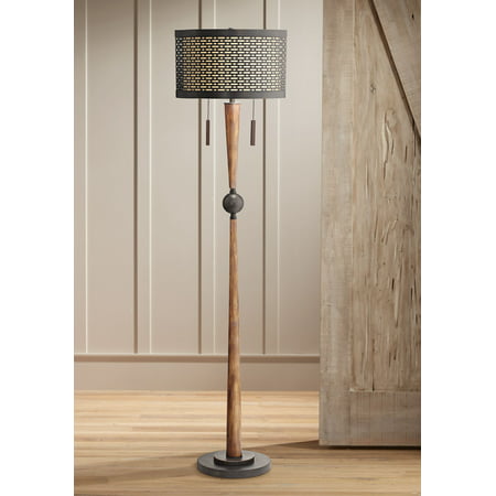 Franklin Iron Works Mid Century Modern Floor Lamp Cherry Wood Perforated Metal Cream Linen Double Shade for Living Room