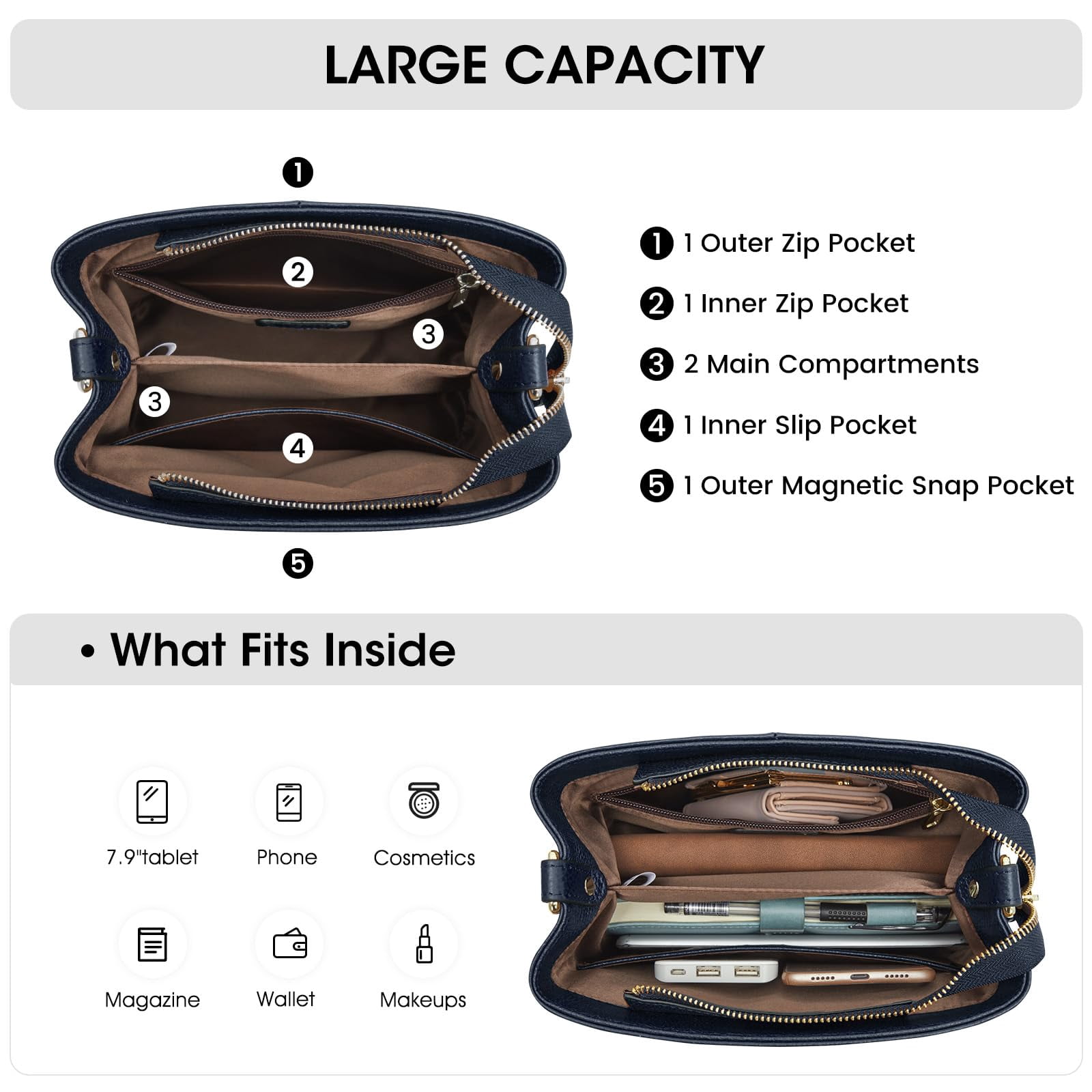 Kattee Leather Handbags for Women, Medium Soft Shoulder Tote Crossbody Purses Bucket Bags with 2 Straps