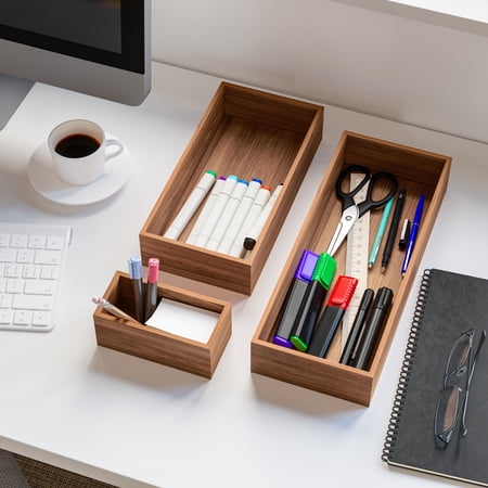 Seville Classics Acaicia Wood Premium Organizer Storage Bins for Kitchen Silverware, Pantry, Closet, Office Desk, Pens, Utensils, Makeup, K Cup, Acacia Wood, Bin Set (10 Piece)