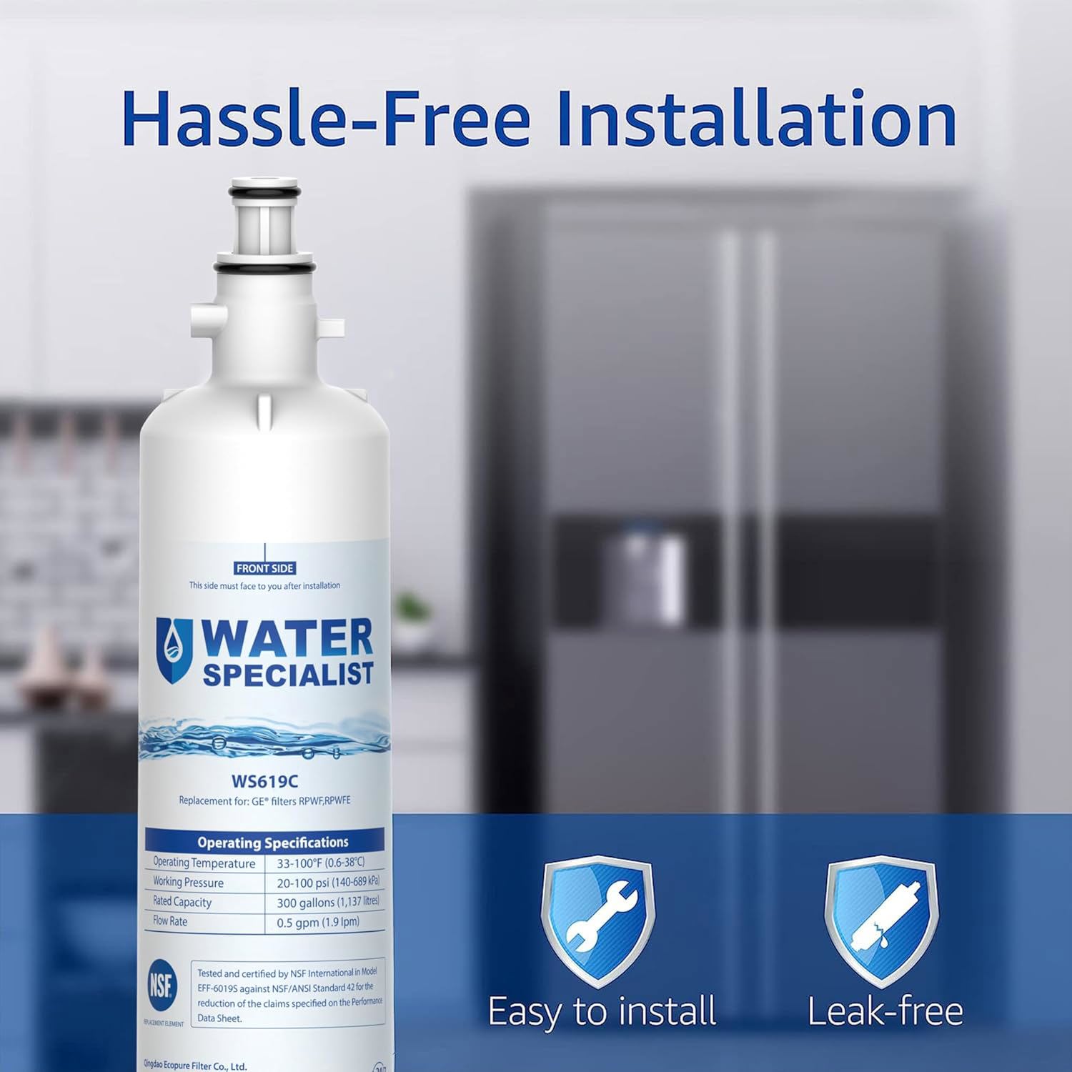Waterspecialist WS619C Replacement for RPWFE, RPWF (Built-in CHIP) Refrigerator Water Filter, Compatible with GYS22GMNES, GYE22HSKSS, PYE22PELDS, GFE26GMKES, GFE26GGHWW, GFE28GYNFS,3 Filters