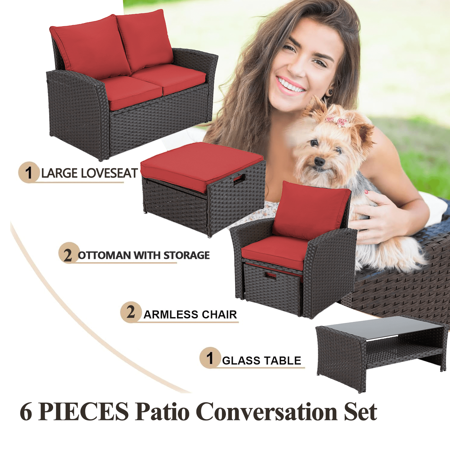 6 Pieces Patio Furniture Set, Outdoor Sectional Conversation Rattan Sofa Set with Ottoman and Outdoor Storage Table for Garden, Porch, Backyard (Red)