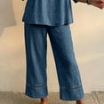thumbnail image 4 of Morrtic Women's Eyelet Spliced 2 Piece Solid Color Set – Round Neck Half Sleeve Blouse & Wide-Leg Pants, Summer Casual Outfit Dark Blue，S, 4 of 6