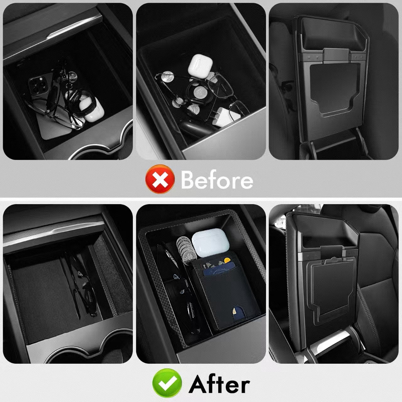Upgraded Tesla Model 3 Accessories 2025-2024 Highland Center Console Organizer Tray 5PCS for Tesla Model Y Juniper 2025, Hidden Storage Box, Cup Holder & Armrest Drawer Organizer