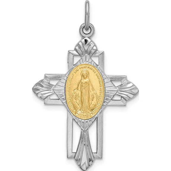 Sterling Silver Rhodium-Plated Gold Tone Miraculous Medal Cross Pendant (36.4 X 22.65) Made In United States qc9414