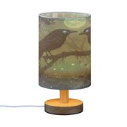 WOBOGO The Midnight Crow Bedroom Table Lamp USB Power Connector Wooden Base Round Linen Shade For Living Room Desk