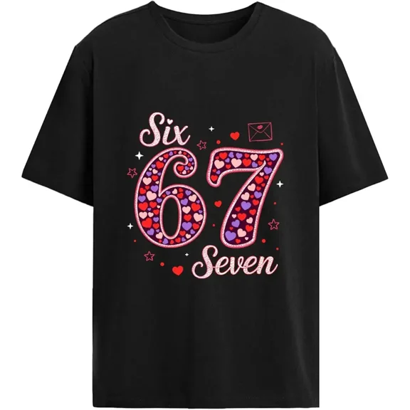 Funny Number 67 Six Seven Heart Graphic for Women Casual Short Sleeve Tee