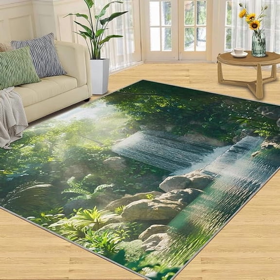 Landscape Rugs for Bedroom, Waterfall Forest Area Rug, Nature Theme Washable Rugs for Bedroom, Non Slip Soft Wild Scene Indoor Carpet - Home Decor, Mountain Gifts 4 x 6ft