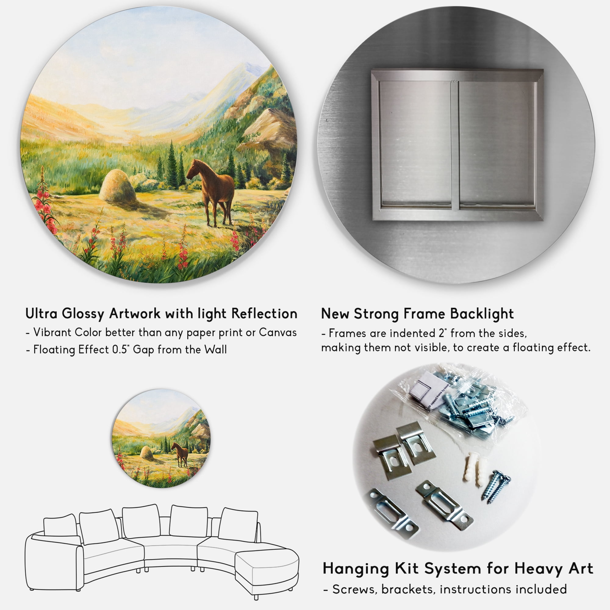 Designart 'Sunrise In The Mountains With Horse' Farmhouse Circle Metal Wall Art 36x36 - Disc of 36