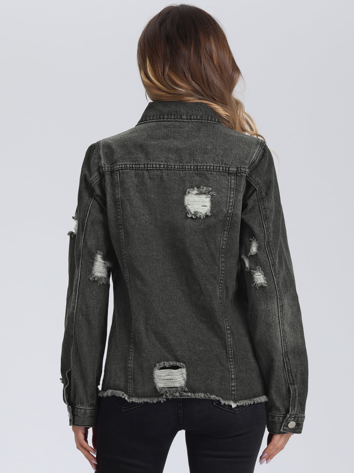 DARING DIVA Women's Frayed Distressed Washed Denim Jacket XL Black