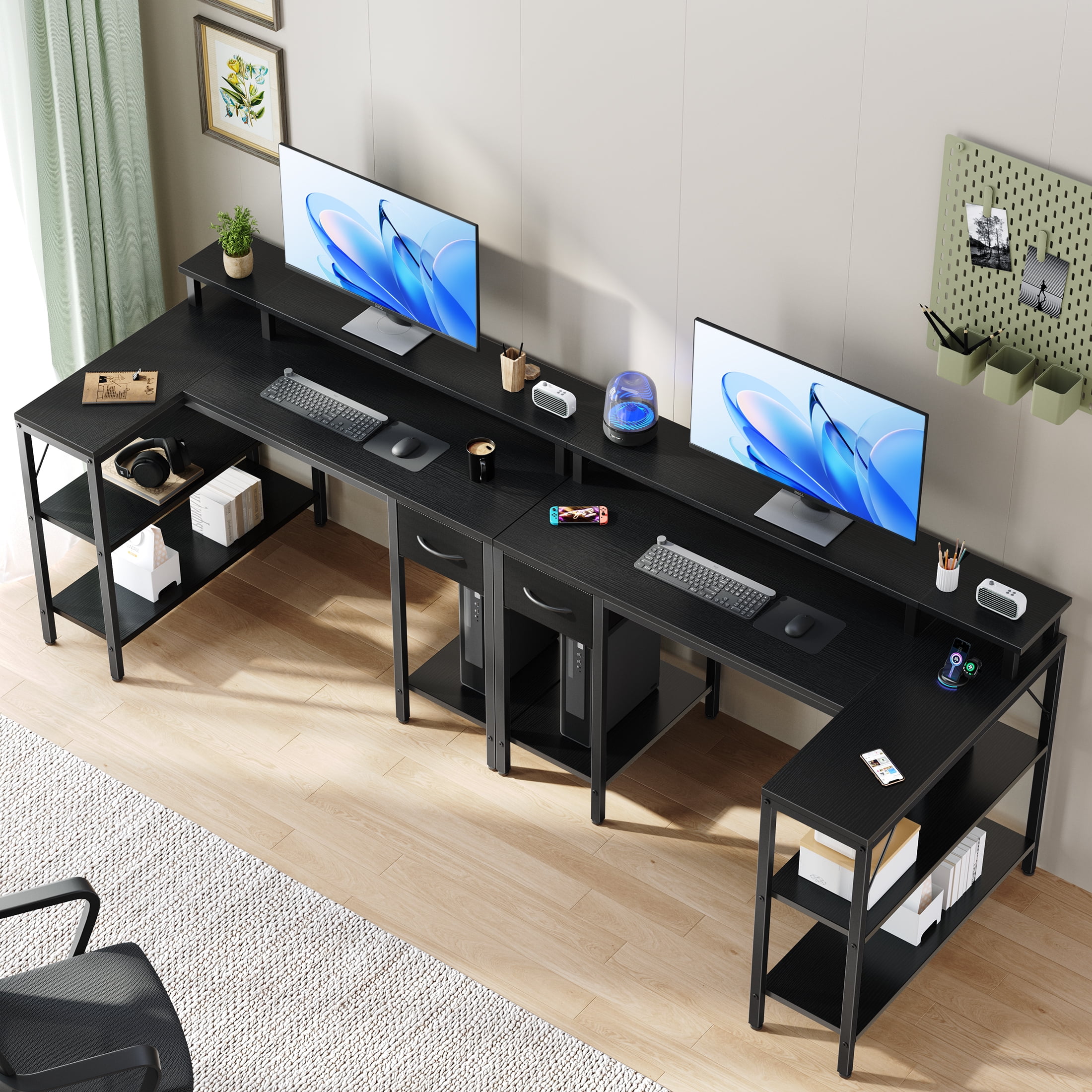 EDX 47 Inch L Shaped Gaming Desk with Power Outlet & LED Light, Reversible Computer Desk with Shelves & Monitor Stand, Corner Desk with Drawer for Home Office, Black